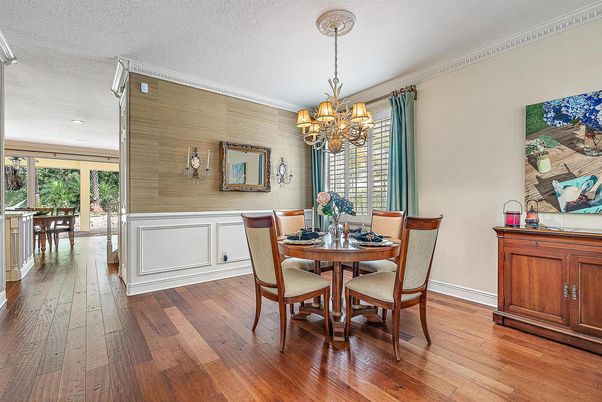 Chandelier, Dining room, Interior, Wood Texture Flooring