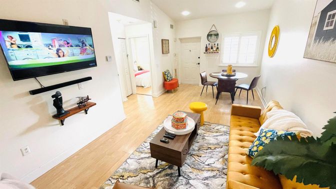 Dining room, Interior, Living room, Recessed Lighting, Wood Texture Flooring