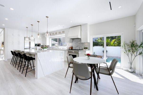 Dining room, Interior, Kitchen, Pendant Lights, Recessed Lighting, Stainless Steel Appliances, Wood Texture Flooring