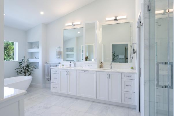 Bathroom, Dual Sink Vanities, Free Standing Baths, Glass Shower, Interior, Marble, Recessed Lighting