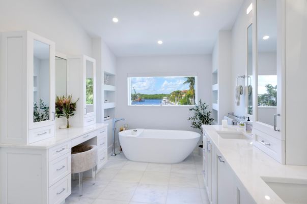 Bathroom, Dual Sink Vanities, Free Standing Baths, Interior, Marble, Recessed Lighting