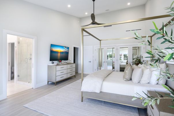 Bathroom, Bedroom, Glass Shower, Interior, Pendant Lights, Recessed Lighting, Wood Texture Flooring