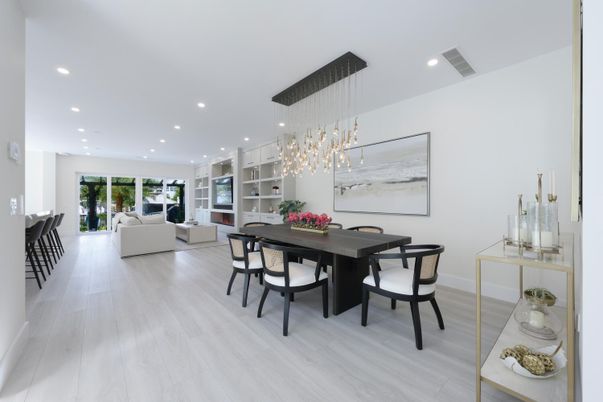 Dining room, Interior, Living room, Pendant Lights, Recessed Lighting, Wood Texture Flooring