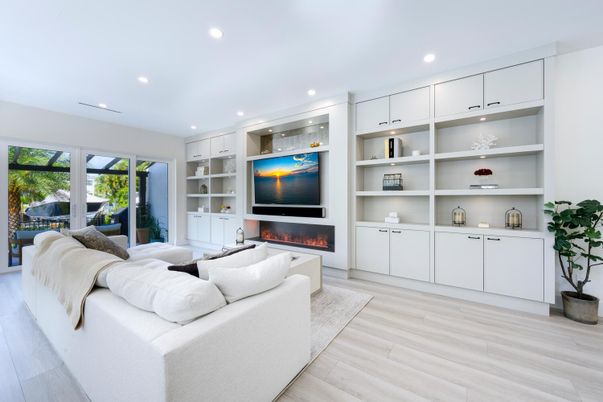 Fireplace, Interior, Living room, Recessed Lighting, Wood Texture Flooring