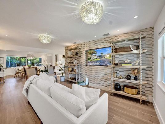 Dining room, Interior, Living room, Recessed Lighting, Stone Walls, Wood Texture Flooring