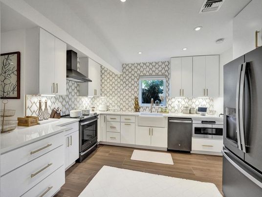 Interior, Kitchen, Recessed Lighting, Stainless Steel Appliances, Wood Texture Flooring