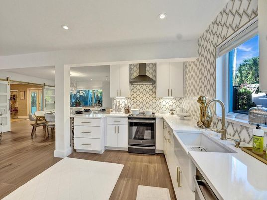 Dining room, Interior, Kitchen, Recessed Lighting, Stainless Steel Appliances, Wood Texture Flooring