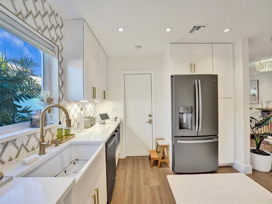 Interior, Kitchen, Pendant Lights, Recessed Lighting, Stainless Steel Appliances, Wood Texture Flooring