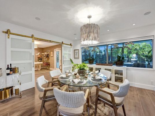 Chandelier, Dining room, Interior, Recessed Lighting, Wood Texture Flooring