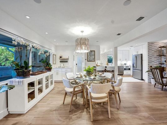 Chandelier, Dining room, Interior, Kitchen, Pendant Lights, Recessed Lighting, Stainless Steel Appliances, Stone Walls, Wood Texture Flooring