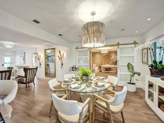 Chandelier, Dining room, Interior, Pendant Lights, Recessed Lighting, Wood Texture Flooring