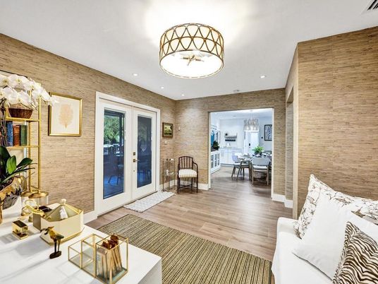 Dining room, Interior, Living room, Recessed Lighting, Stone Walls, Wood Texture Flooring