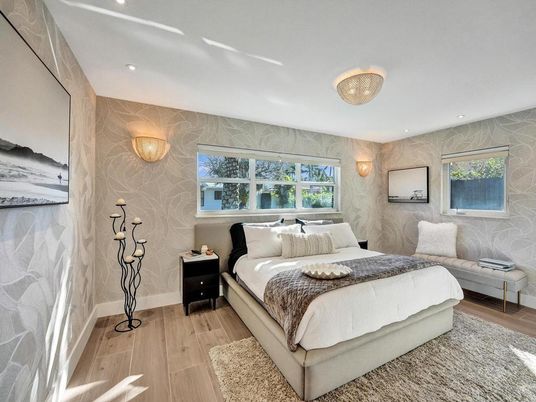 Bedroom, Interior, Recessed Lighting, Wood Texture Flooring