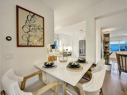 Dining room, Interior, Kitchen, Recessed Lighting, Stainless Steel Appliances, Water, Wood Texture Flooring