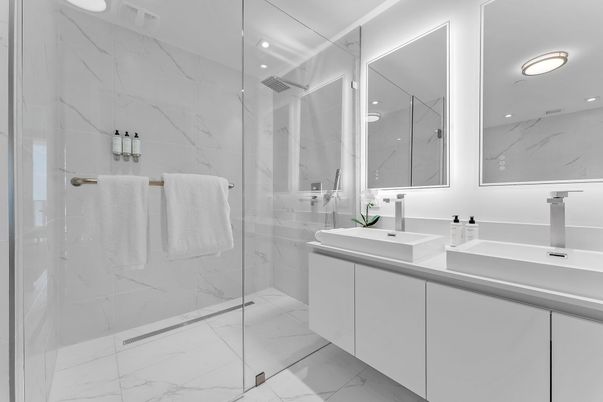 Bathroom, Dual Sink Vanities, Glass Shower, Interior, Marble, Marble Walls, Recessed Lighting