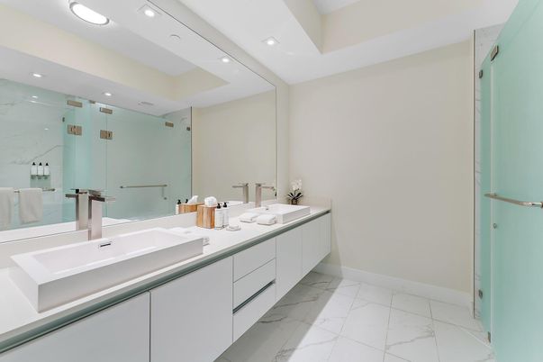 Bathroom, Dual Sink Vanities, Interior, Marble, Marble Walls, Recessed Lighting