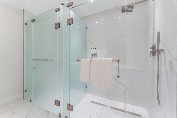 Bathroom, Glass Shower, Interior, Marble, Marble Walls, Recessed Lighting
