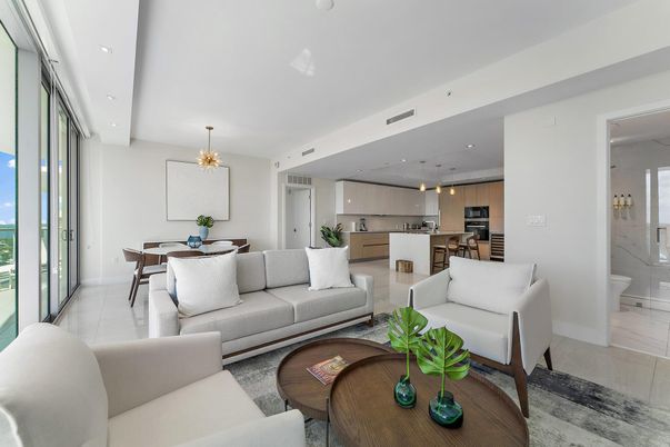 Chandelier, Dining room, Interior, Kitchen, Living room, Pendant Lights, Recessed Lighting, Stainless Steel Appliances