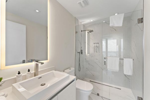 Bathroom, Glass Shower, Interior, Marble, Marble Walls, Recessed Lighting