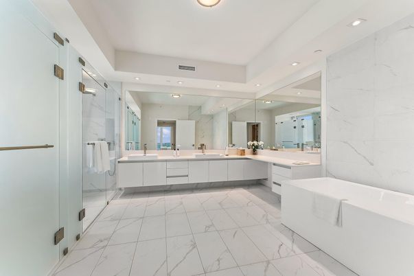 Bathroom, Dual Sink Vanities, Interior, Marble, Marble Walls, Recessed Lighting