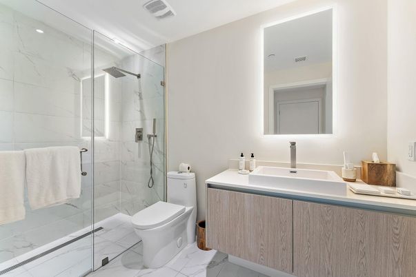 Bathroom, Glass Shower, Interior, Marble, Marble Walls, Recessed Lighting