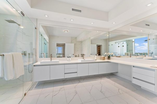 Bathroom, Dual Sink Vanities, Glass Shower, Interior, Marble, Marble Walls, Recessed Lighting