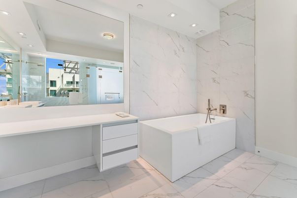Bathroom, Free Standing Baths, Interior, Marble, Marble Walls, Recessed Lighting