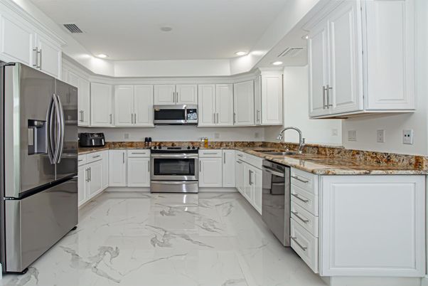 Interior, Kitchen, Marble, Recessed Lighting, Stainless Steel Appliances