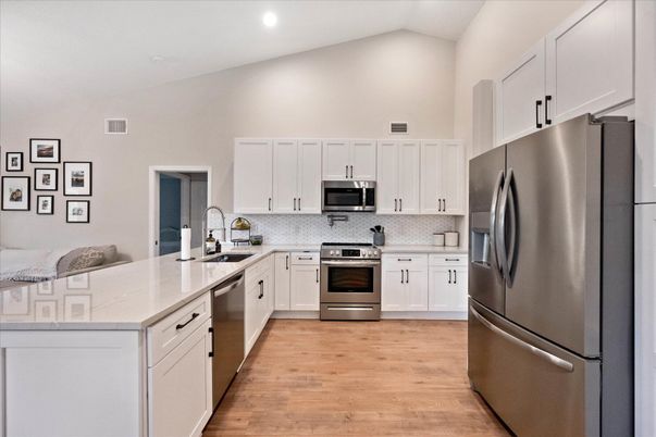 Interior, Kitchen, Recessed Lighting, Stainless Steel Appliances, Wood Texture Flooring