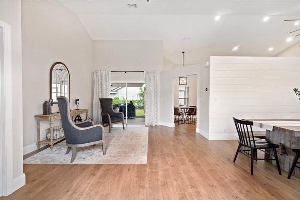 Dining room, Interior, Pendant Lights, Recessed Lighting, Wood Texture Flooring