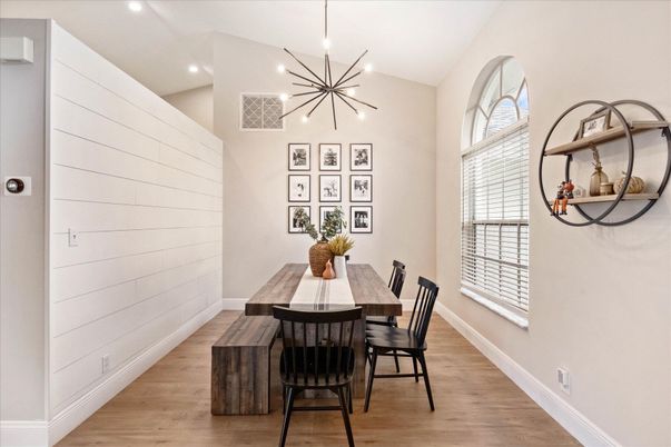 Dining room, Interior, Pendant Lights, Recessed Lighting, Wood Texture Flooring