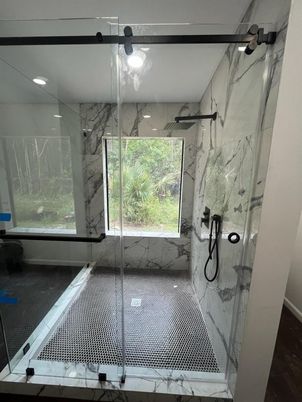 Bathroom, Glass Shower, Interior, Marble Walls, Recessed Lighting