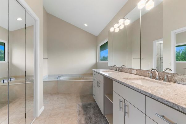 Bathroom, Dual Sink Vanities, Glass Shower, Interior, Recessed Lighting
