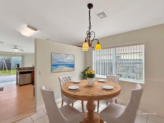 Dining room, Interior, Pendant Lights, Wood Texture Flooring