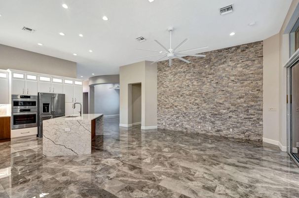 Interior, Kitchen, Recessed Lighting, Stainless Steel Appliances, Stone Walls