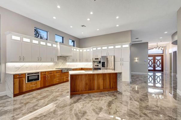 Interior, Kitchen, Marble, Pendant Lights, Recessed Lighting, Stainless Steel Appliances