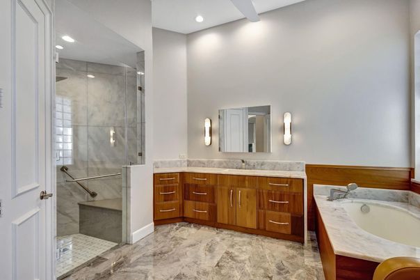 Bathroom, Dual Sink Vanities, Glass Shower, Interior, Recessed Lighting