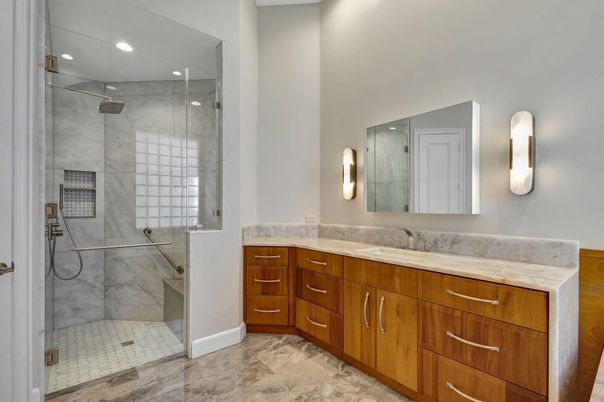 Bathroom, Dual Sink Vanities, Glass Shower, Interior, Recessed Lighting