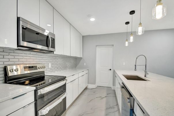Interior, Kitchen, Marble, Pendant Lights, Recessed Lighting, Stainless Steel Appliances