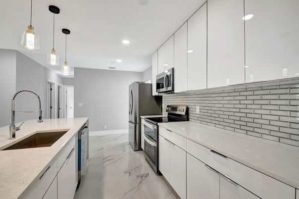 Interior, Kitchen, Marble, Pendant Lights, Recessed Lighting, Stainless Steel Appliances