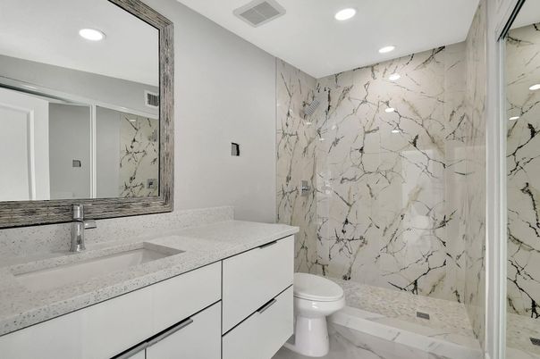 Bathroom, Glass Shower, Interior, Marble, Marble Walls, Recessed Lighting
