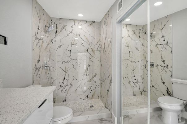 Bathroom, Glass Shower, Interior, Marble, Marble Walls, Recessed Lighting