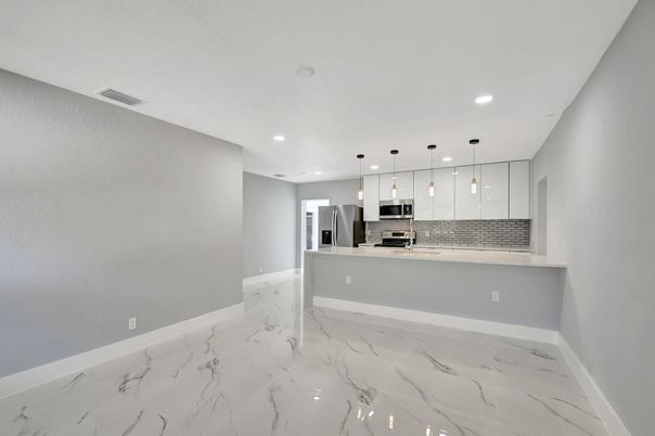 Interior, Kitchen, Marble, Pendant Lights, Recessed Lighting, Stainless Steel Appliances