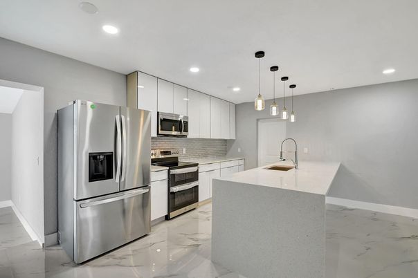 Interior, Kitchen, Marble, Pendant Lights, Recessed Lighting, Stainless Steel Appliances