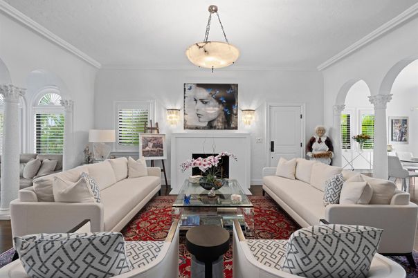 Dining room, Fireplace, Interior, Living room, Pendant Lights