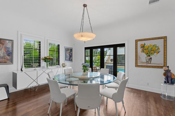 Dining room, Interior, Pendant Lights, Wood Texture Flooring