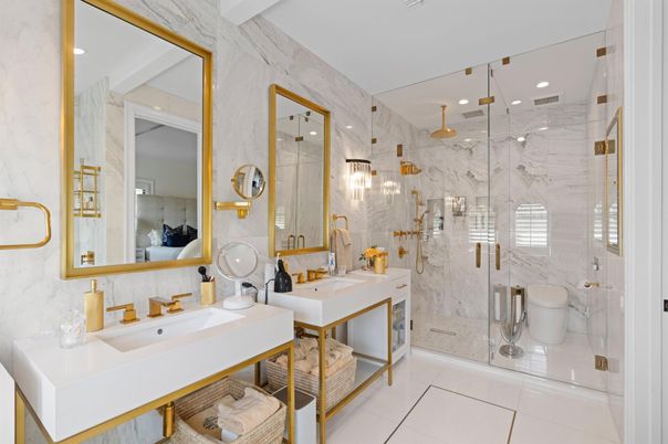 Bathroom, Dual Sink Vanities, Glass Shower, Interior, Marble Walls, Recessed Lighting