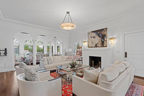 Fireplace, Interior, Living room, Pendant Lights, Wood Texture Flooring