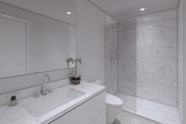 Bathroom, Glass Shower, Interior, Marble Walls, Recessed Lighting
