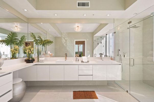 Bathroom, Dual Sink Vanities, Glass Shower, Interior, Recessed Lighting